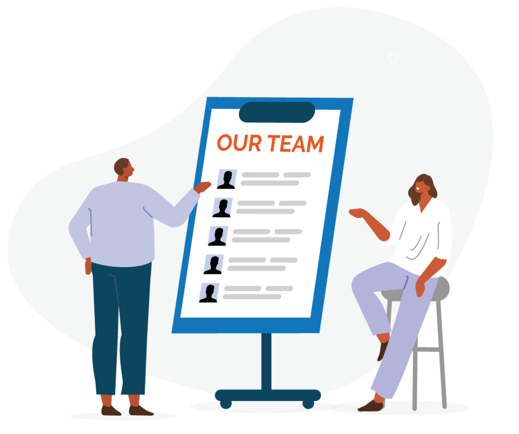 Team illustration showing two staff members next to a chart of Prestige employees